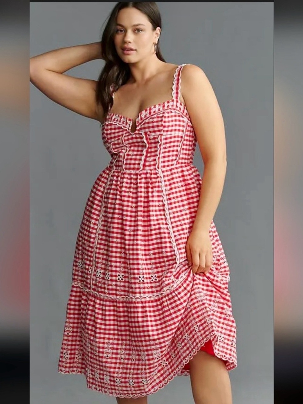 Anthropologie Red Gingham Sweetheart Midi Dress with White Eyelet Trim
